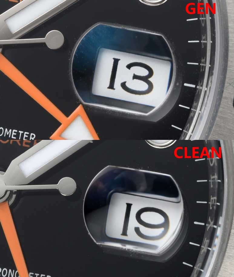 Clean Factory Rolex Explorer II 226570 Black Dial Review vs. Genuine Date module position Comparison picture