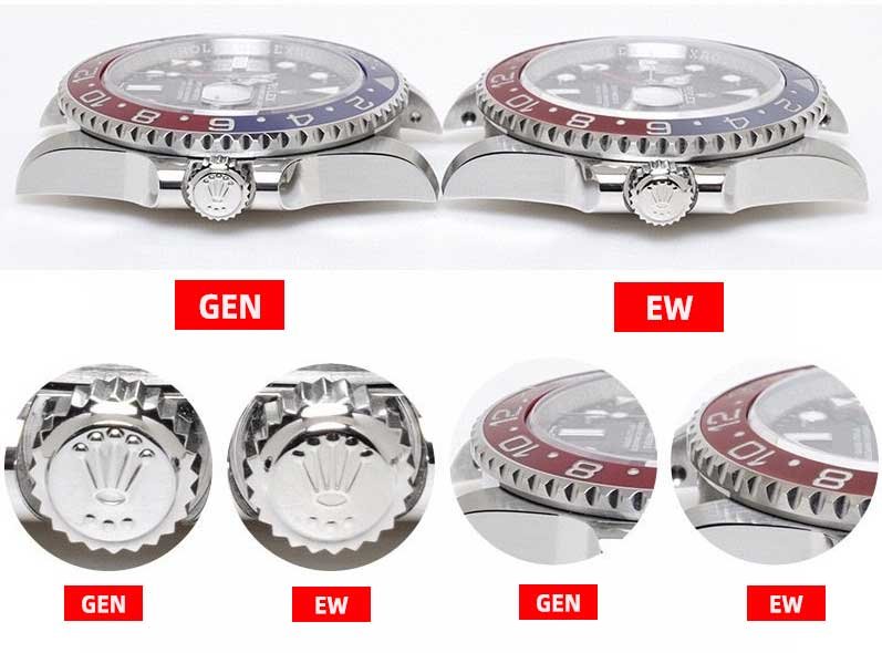 EW Factory Rolex GMT-Master II M126710BLRO-0001 Replica Watch Fake vs Genuine：Crown and Ceramic bezel comparison