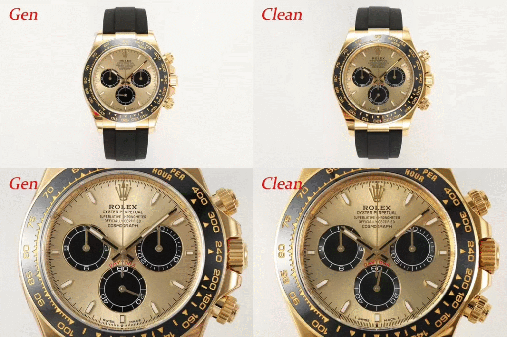 Clean Factory Watches Review Rolex Daytona Replica vs Real 126518-0012 Front View Comparison