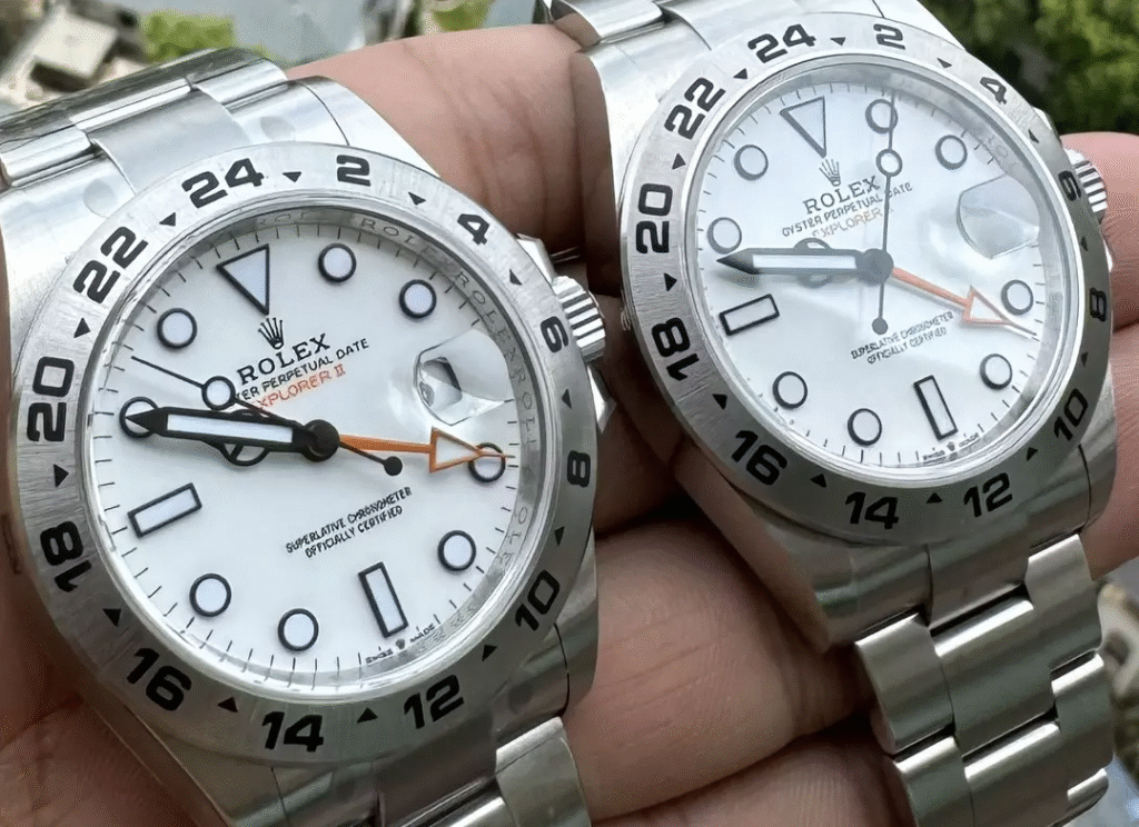 Clean Factory Rolex Explorer II M226570-0001 White Dial Fake vs Real：Natural Light Comparison (3)