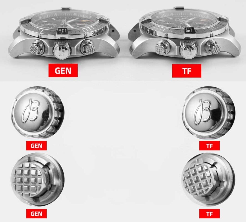 TF Factory Breitling Avenger A1331710B1X1 replica​ vs Real Watch：Crown and Chronograph Buttons Comparison