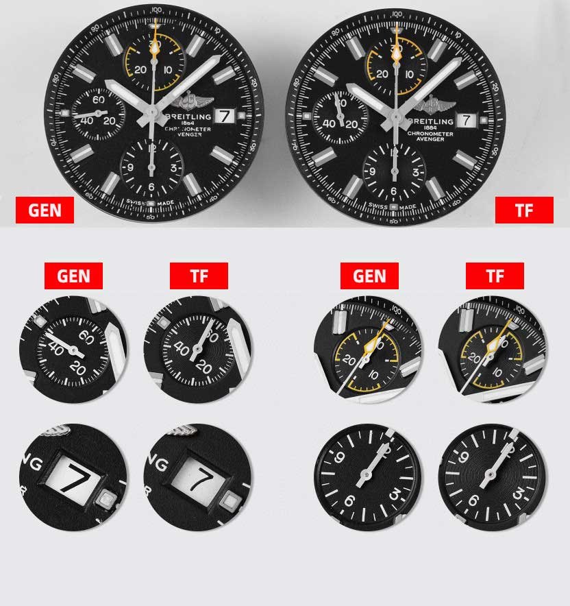 TF Factory Breitling Avenger A1331710B1X1 replica​ vs Real Watch：Dial Detail Comparison