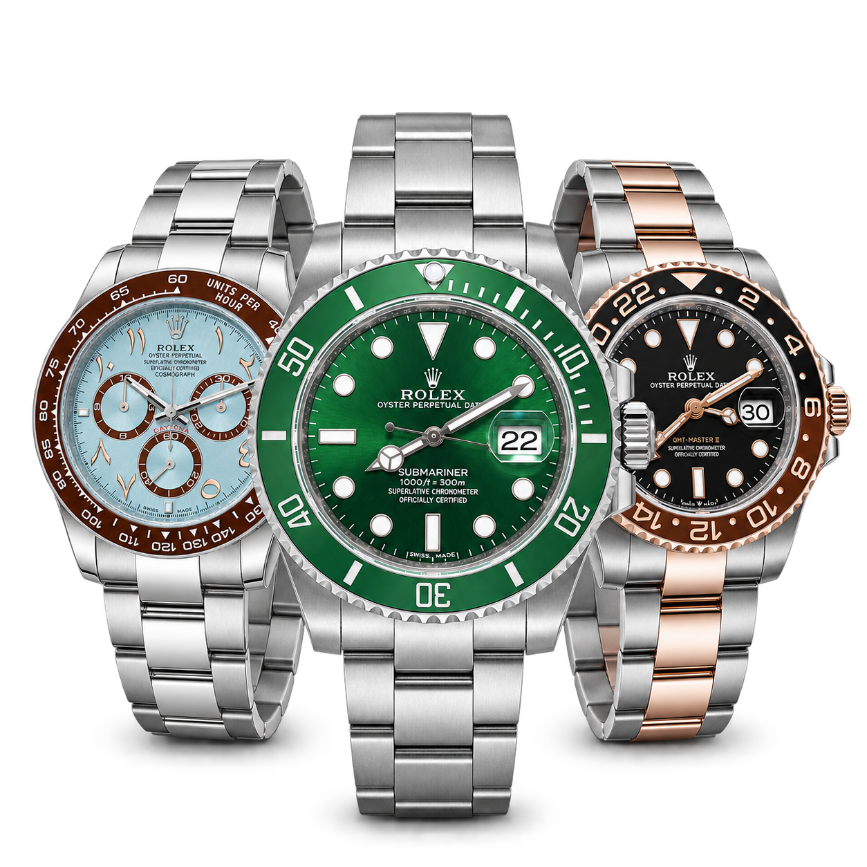 Green Submariner, ice-blue chronograph and rose-gold GMT watch composition